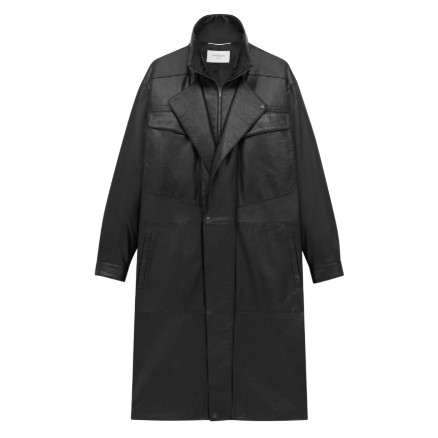 Manteau long SAINT LAURENT col montant cuir agneau noir zip rabat pression