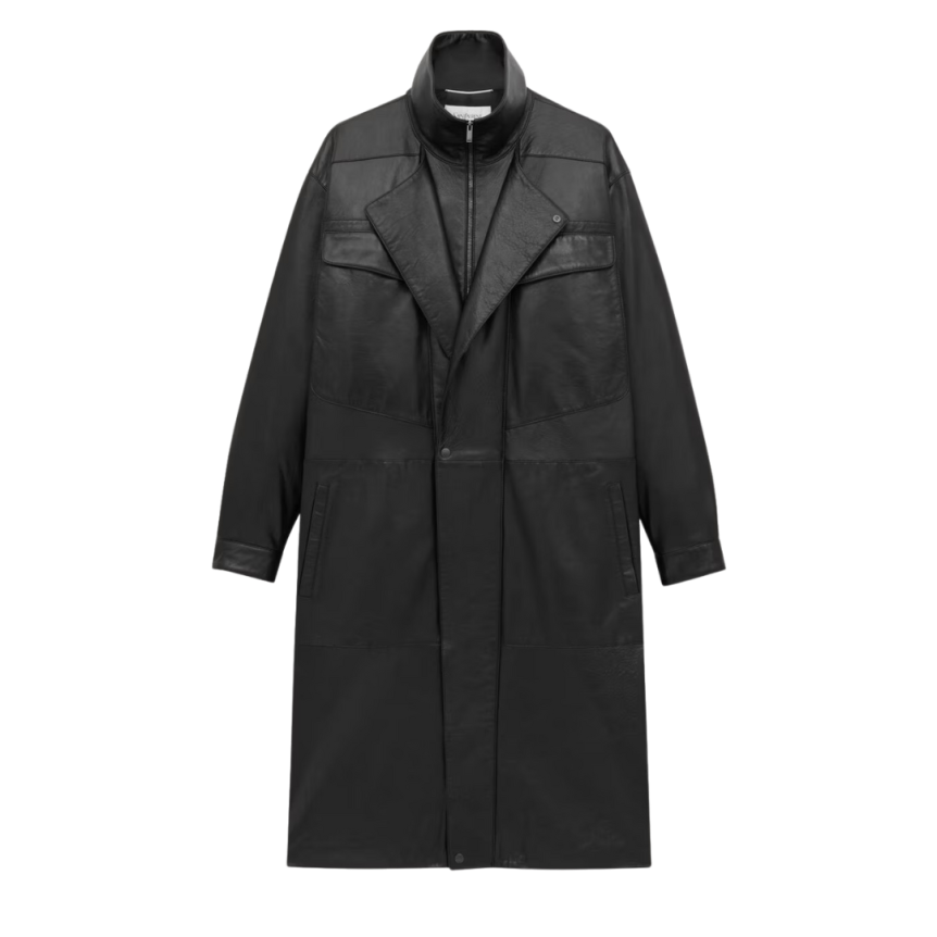 Manteau long SAINT LAURENT col montant cuir agneau noir zip rabat pression