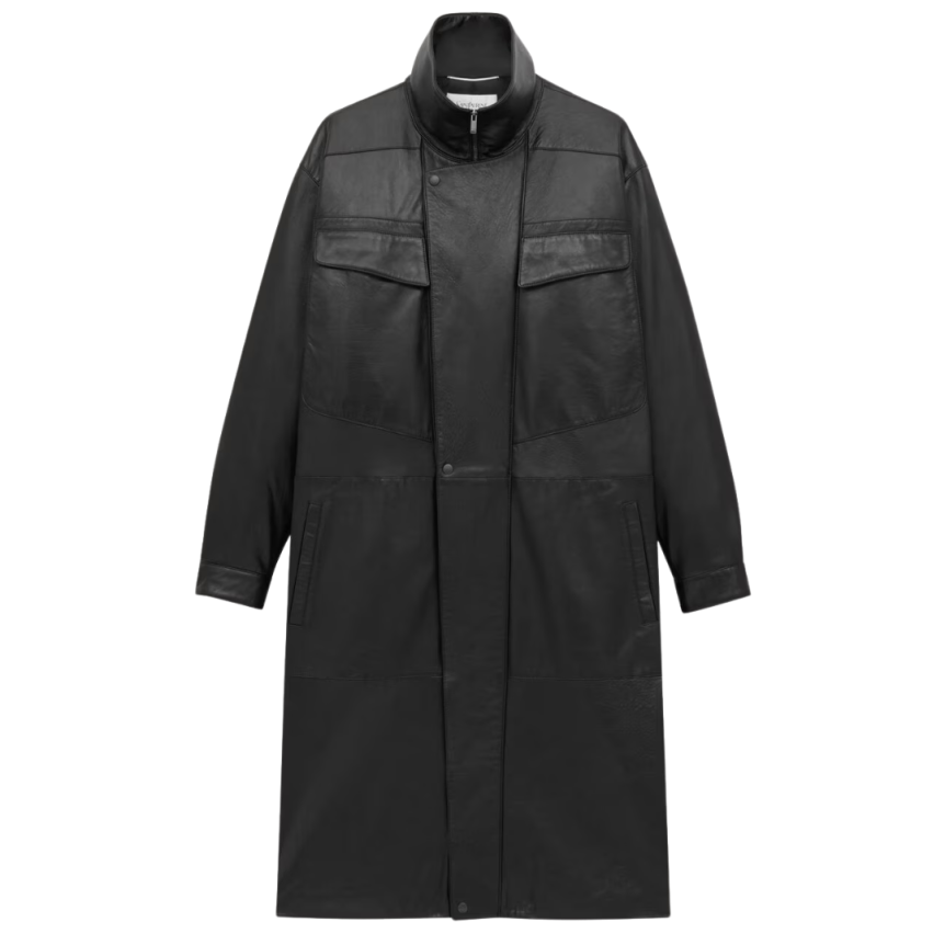 Manteau long SAINT LAURENT col montant cuir agneau noir zip rabat pression