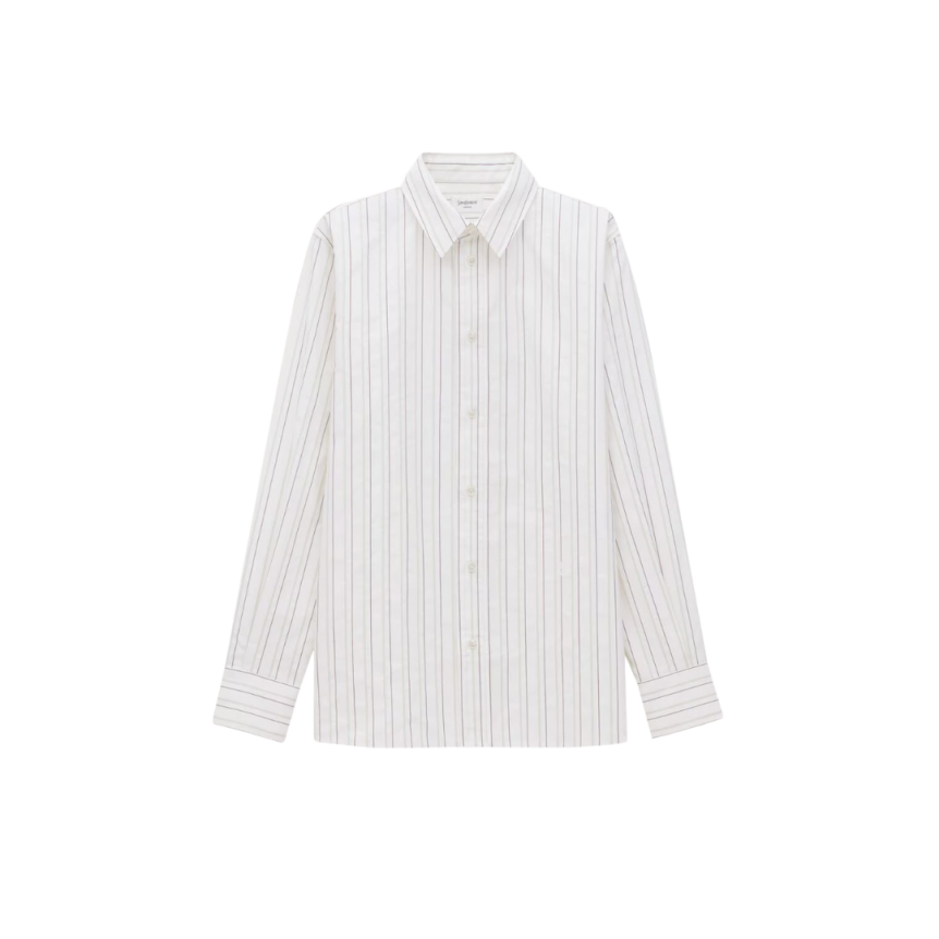 Chemise SAINT LAURENT Cassandre coton blanc rayure tennis kaki marron