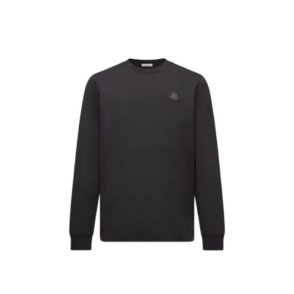T-shirt col rond MONCLER manche longue coton noir logo cuir