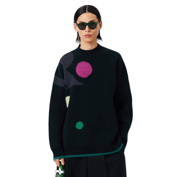 Pull LACOSTE Défilé jacquard laine alpaga noir motif surréaliste multicolore