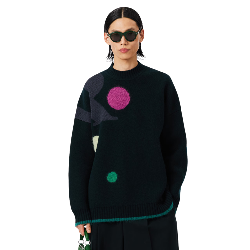 Pull LACOSTE Défilé jacquard laine alpaga noir motif surréaliste multicolore