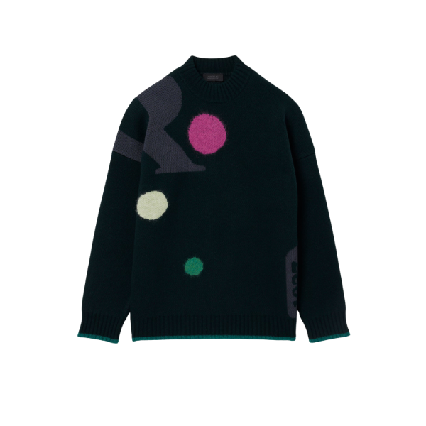 Pull LACOSTE Défilé jacquard laine alpaga noir motif surréaliste multicolore