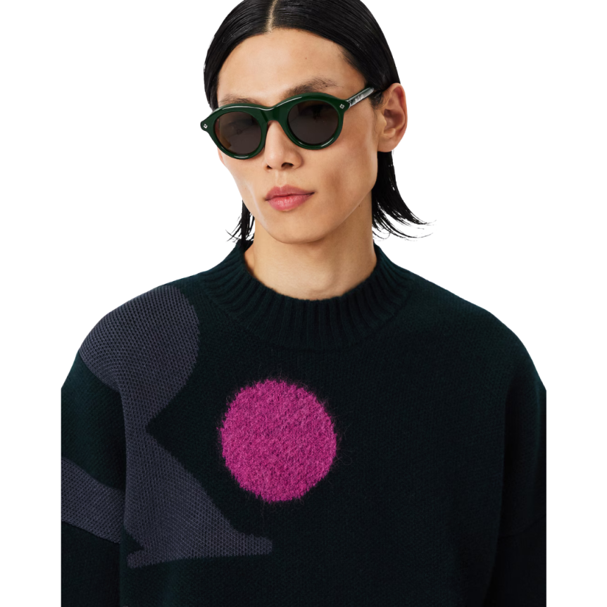 Pull LACOSTE Défilé jacquard laine alpaga noir motif surréaliste multicolore