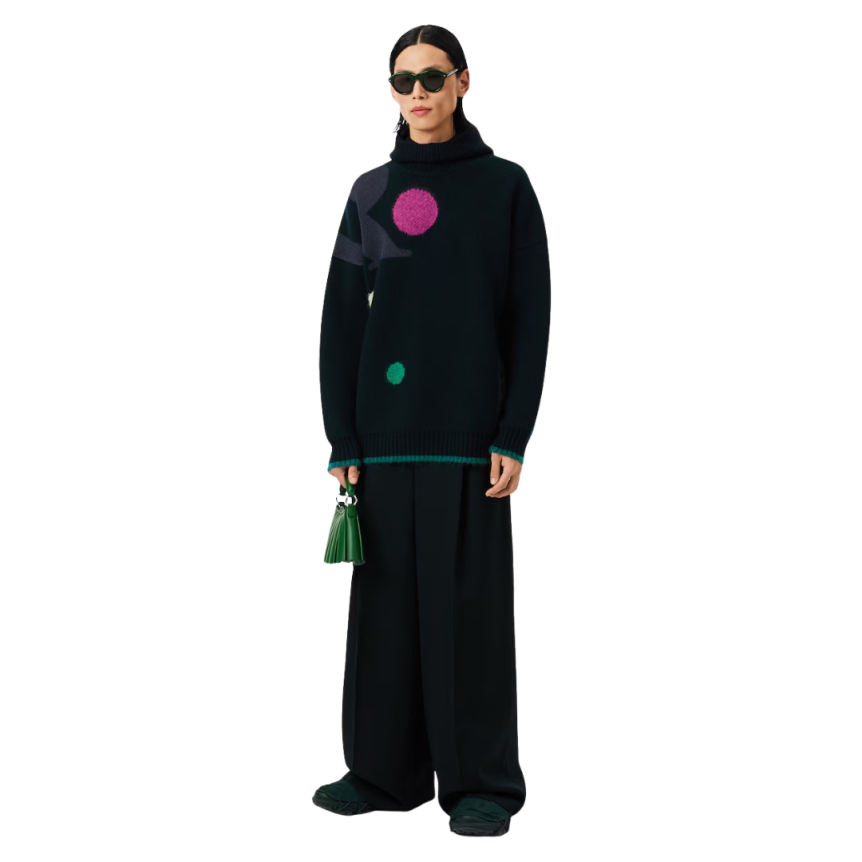 Pull LACOSTE Défilé jacquard laine alpaga noir motif surréaliste multicolore