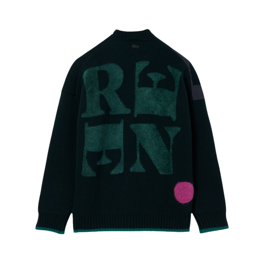 Pull LACOSTE Défilé jacquard laine alpaga noir motif surréaliste multicolore