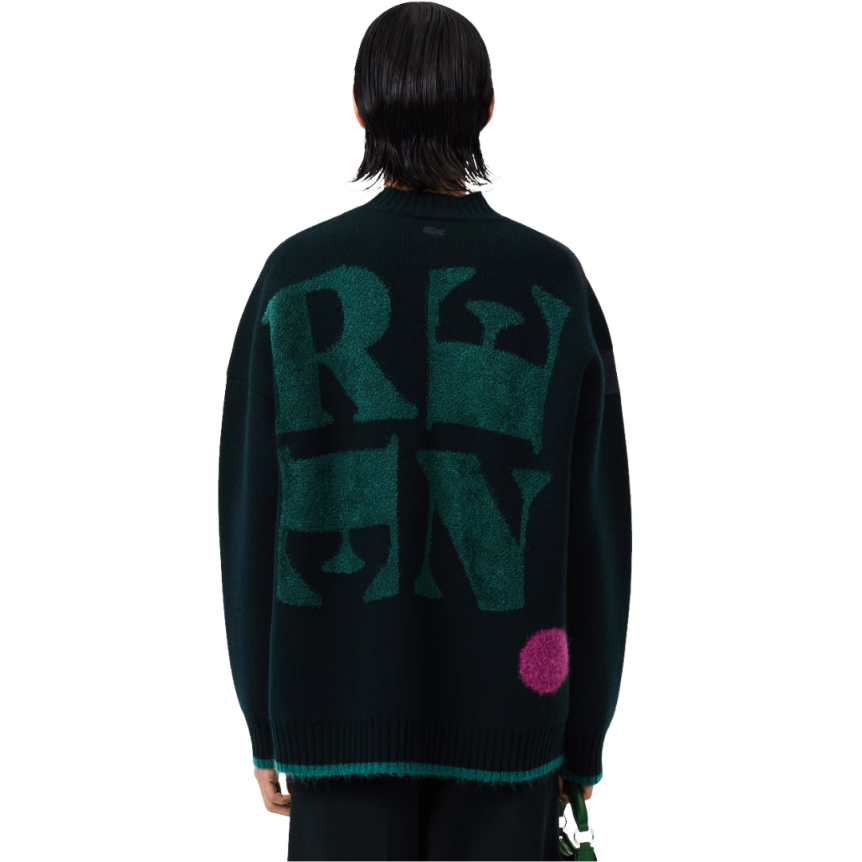 Pull LACOSTE Défilé jacquard laine alpaga noir motif surréaliste multicolore