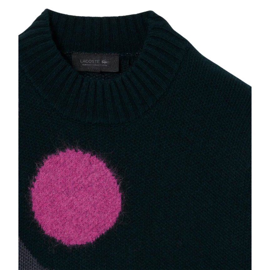 Pull LACOSTE Défilé jacquard laine alpaga noir motif surréaliste multicolore