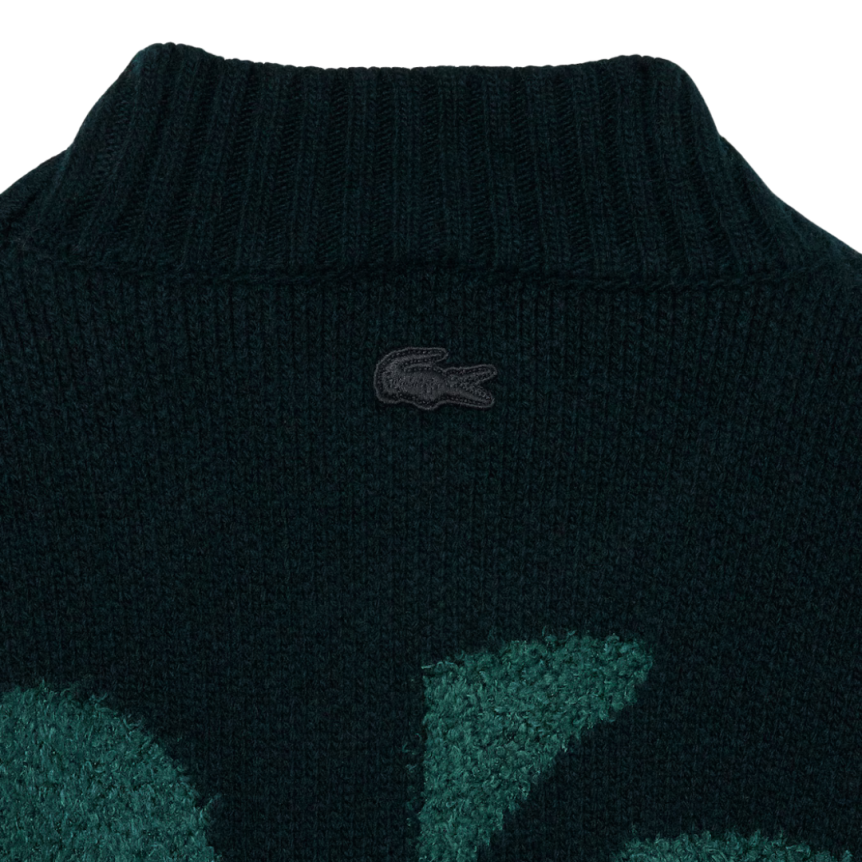 Pull LACOSTE Défilé jacquard laine alpaga noir motif surréaliste multicolore