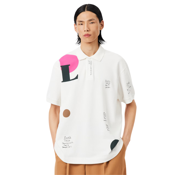 Polo loose fit LACOSTE Défilé coton piqué blanc motif graphique