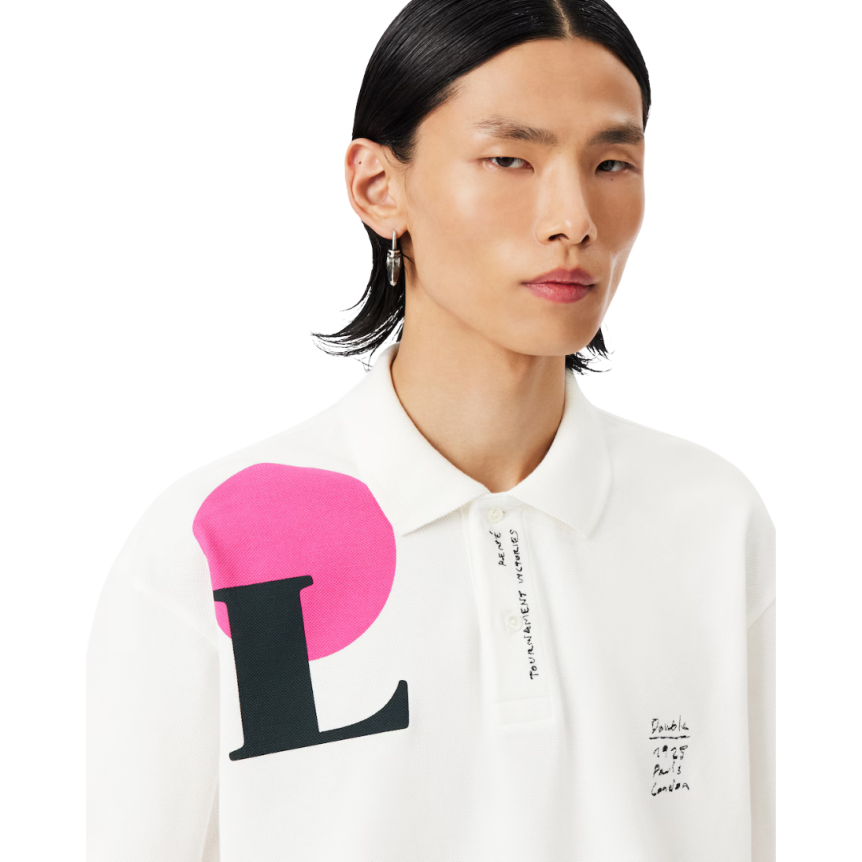 Polo loose fit LACOSTE Défilé coton piqué blanc motif graphique