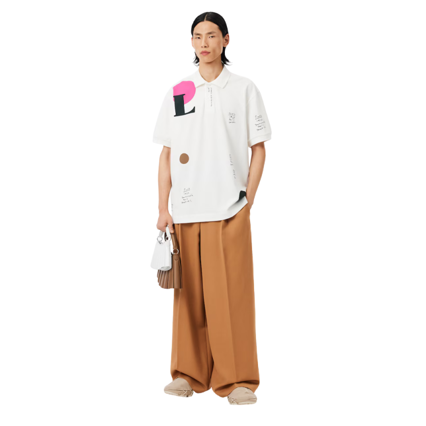 Polo loose fit LACOSTE Défilé coton piqué blanc motif graphique
