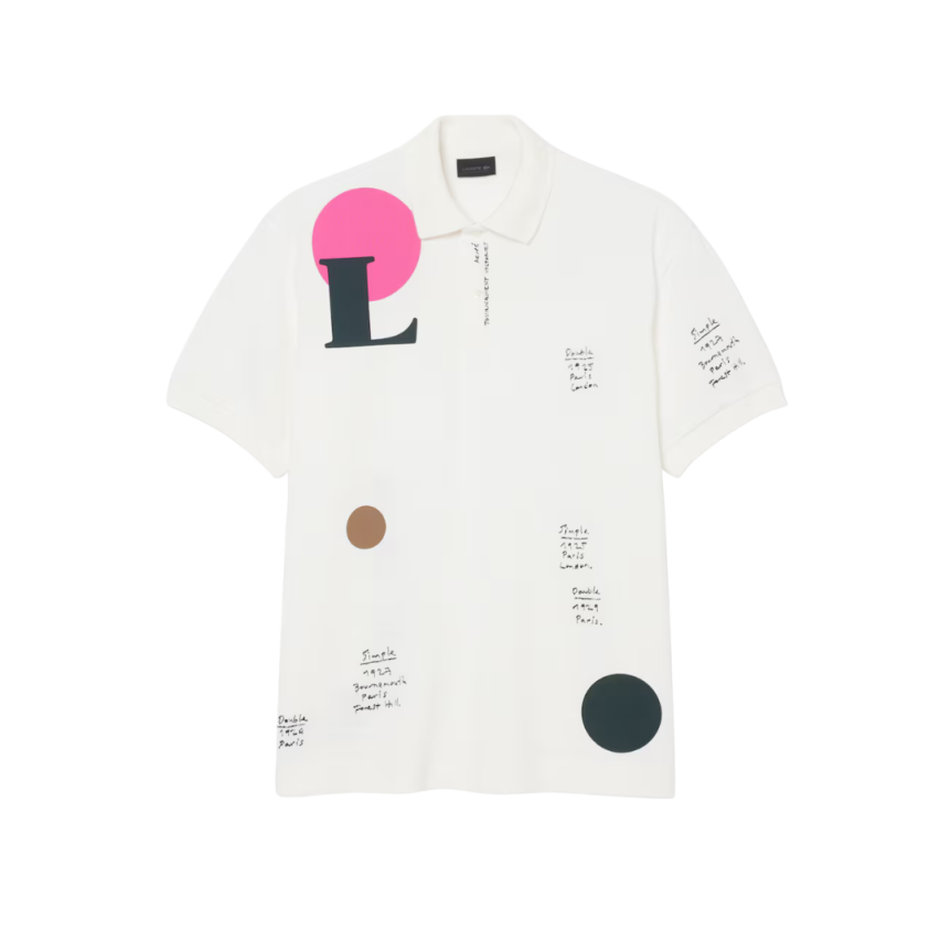 Polo loose fit LACOSTE Défilé coton piqué blanc motif graphique