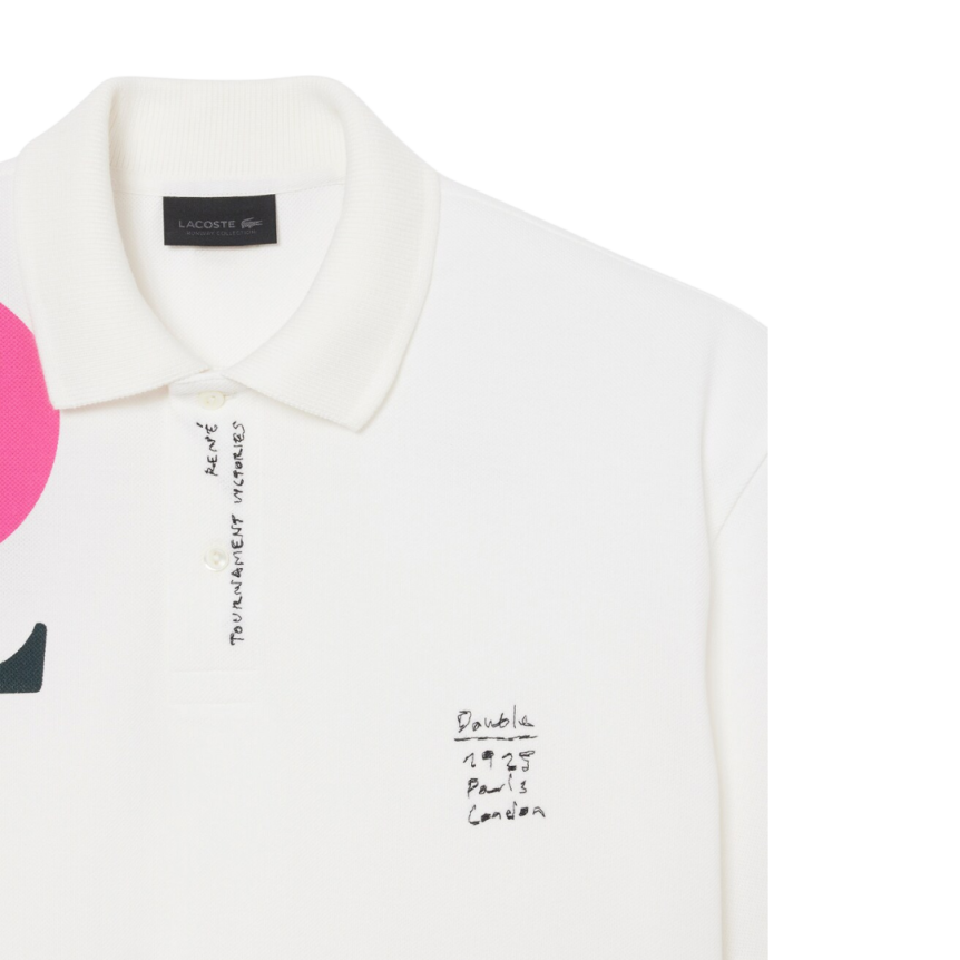 Polo loose fit LACOSTE Défilé coton piqué blanc motif graphique