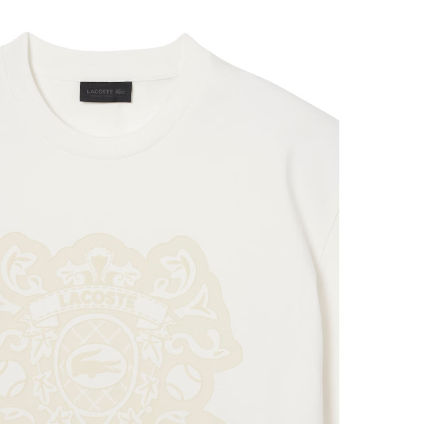 T-shirt LACOSTE Défilé col rond coton écru imprimé blason