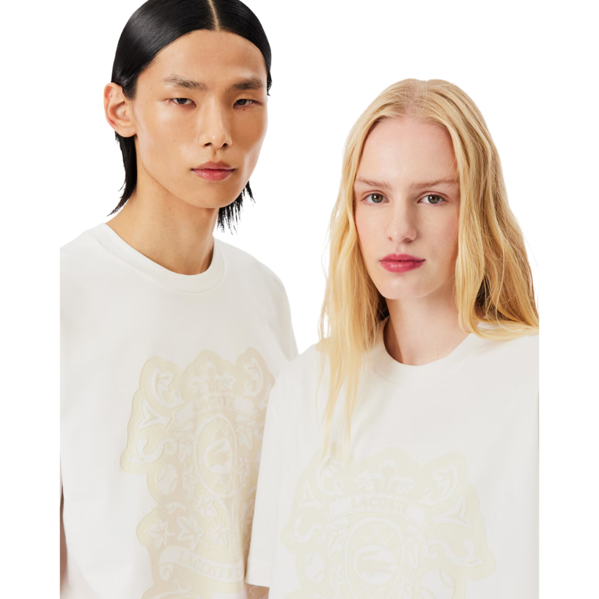 T-shirt LACOSTE Défilé col rond coton écru imprimé blason