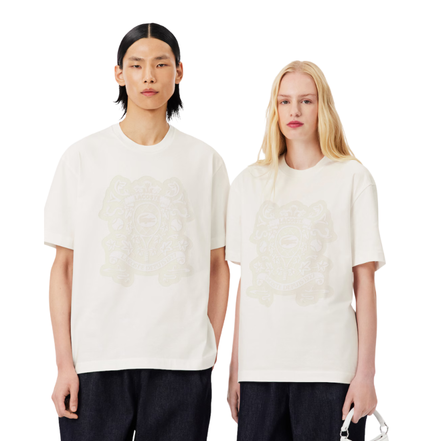 T-shirt LACOSTE Défilé col rond coton écru imprimé blason