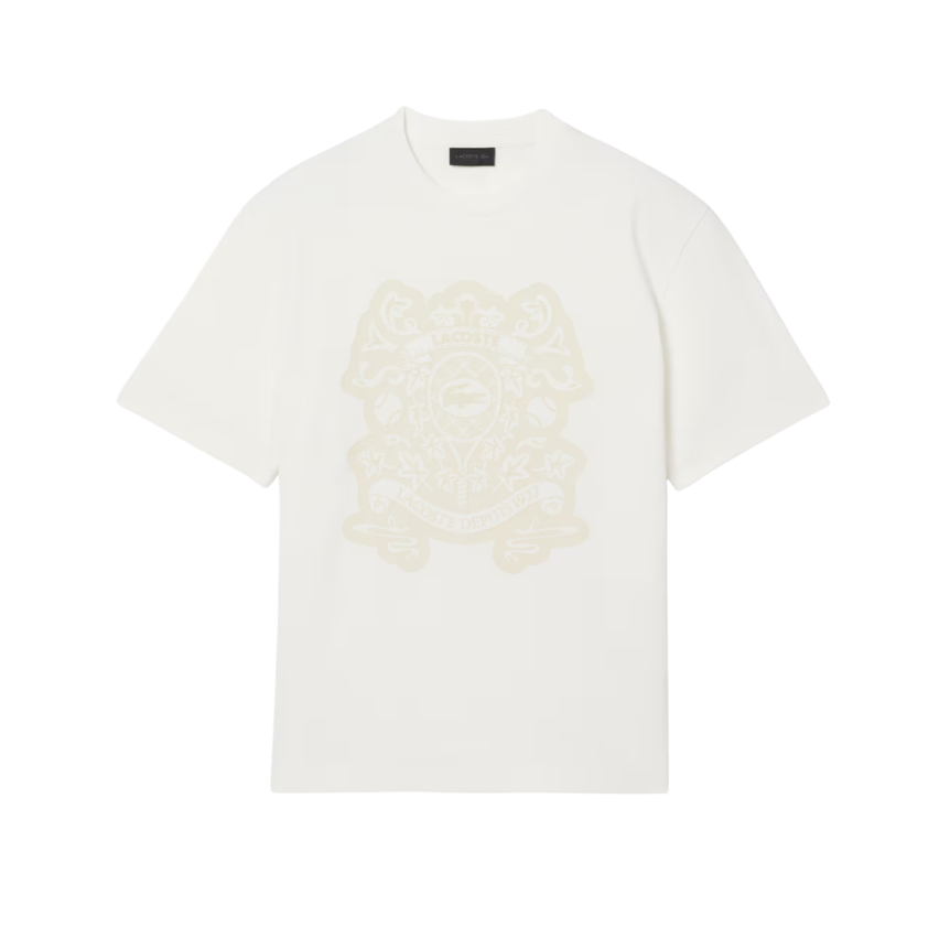 T-shirt LACOSTE Défilé col rond coton écru imprimé blason
