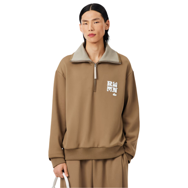 Sweatshirt col montant zippé LACOSTE coton jersey satiné camel Défilé René crocodile