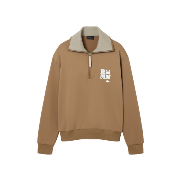Sweatshirt col montant zippé LACOSTE coton jersey satiné camel Défilé René crocodile
