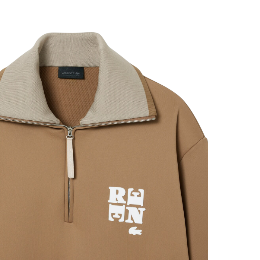 Sweatshirt col montant zippé LACOSTE coton jersey satiné camel Défilé René crocodile