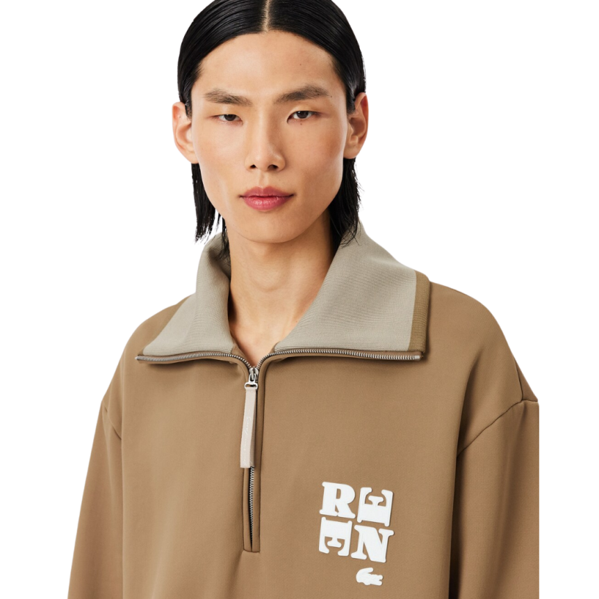 Sweatshirt col montant zippé LACOSTE coton jersey satiné camel Défilé René crocodile