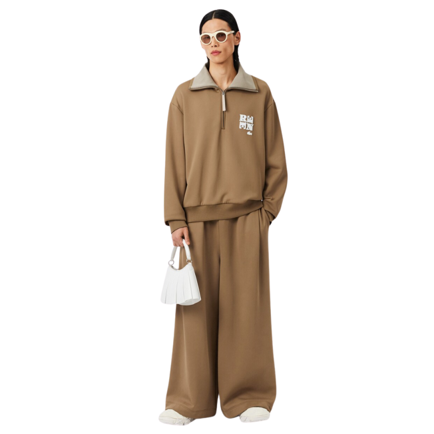 Sweatshirt col montant zippé LACOSTE coton jersey satiné camel Défilé René crocodile