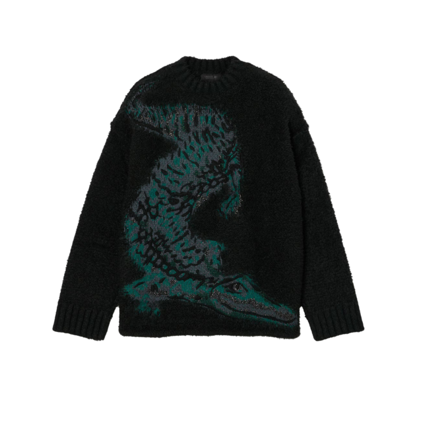 Pull col rond LACOSTE laine acrylique alpaga vert foncé crocodile intarsia vert Défilé