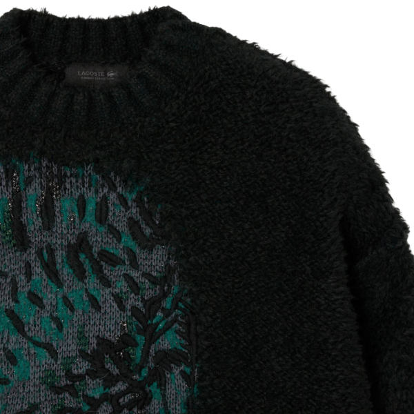 Pull col rond LACOSTE laine acrylique alpaga vert foncé crocodile intarsia vert Défilé