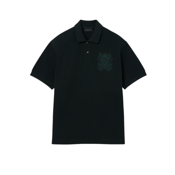 Polo manche courte LACOSTE Défilé loose fit coton piqué vert foncé broderie blason