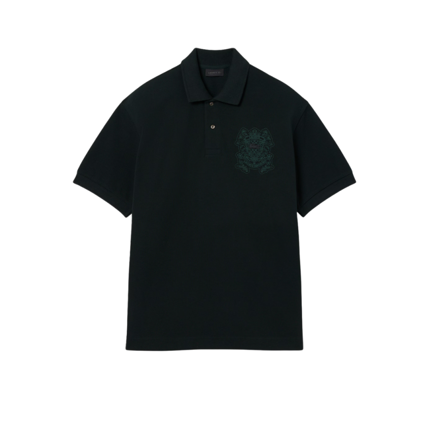 Polo manche courte LACOSTE Défilé loose fit coton piqué vert foncé broderie blason
