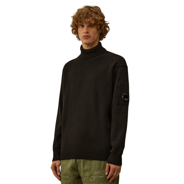 Pull col roulé CP COMPANY laine recyclé noir lentille manche