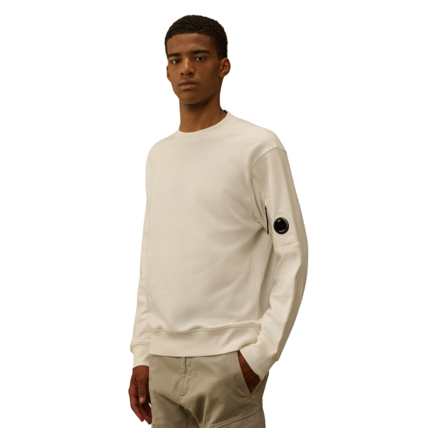 Sweat-shirt col rond CP COMPANY coton polaire relief diagonal blanc