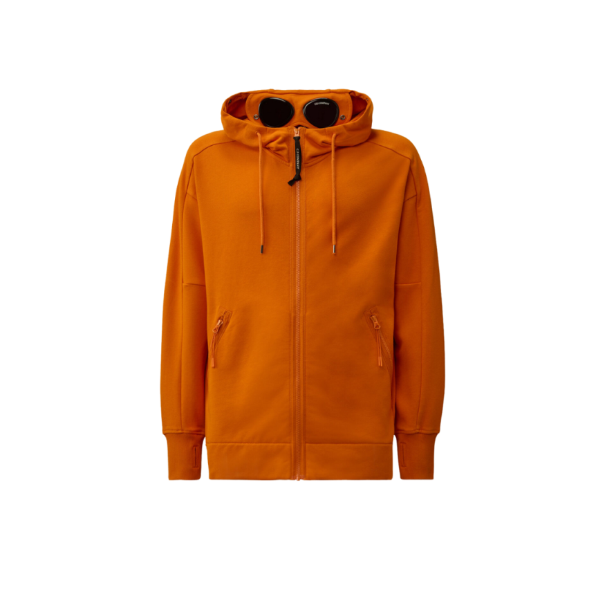 Sweat-shirt cardigan CP COMPANY zippé coton polaire relief diagonal orange capuche lunettes