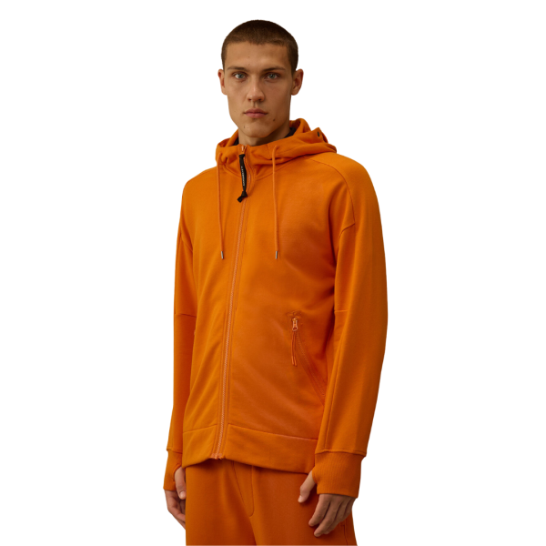 Sweat-shirt cardigan CP COMPANY zippé coton polaire relief diagonal orange capuche lunettes
