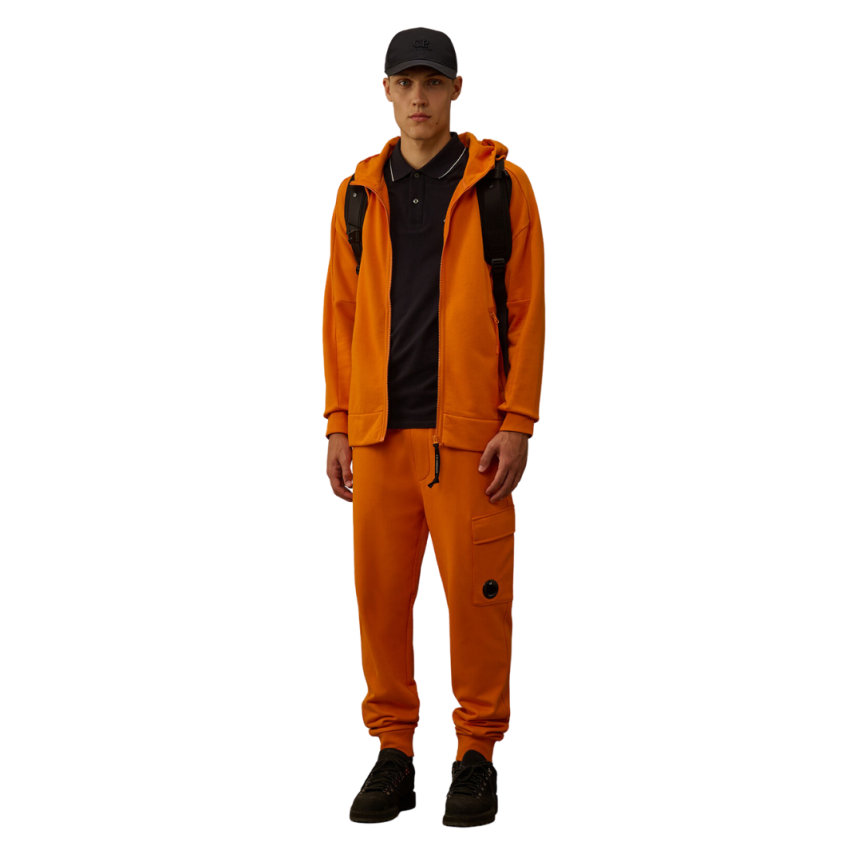 Sweat-shirt cardigan CP COMPANY zippé coton polaire relief diagonal orange capuche lunettes