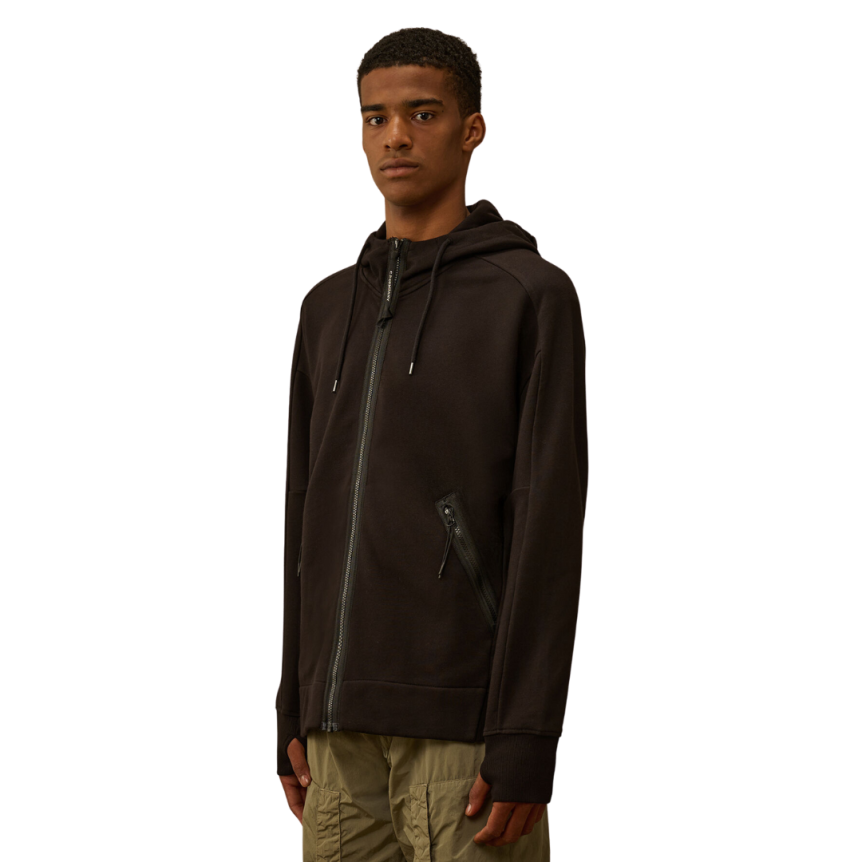 Sweat-shirt cardigan zippé CP COMPANY coton polaire relief diagonal noir capuche lunettes