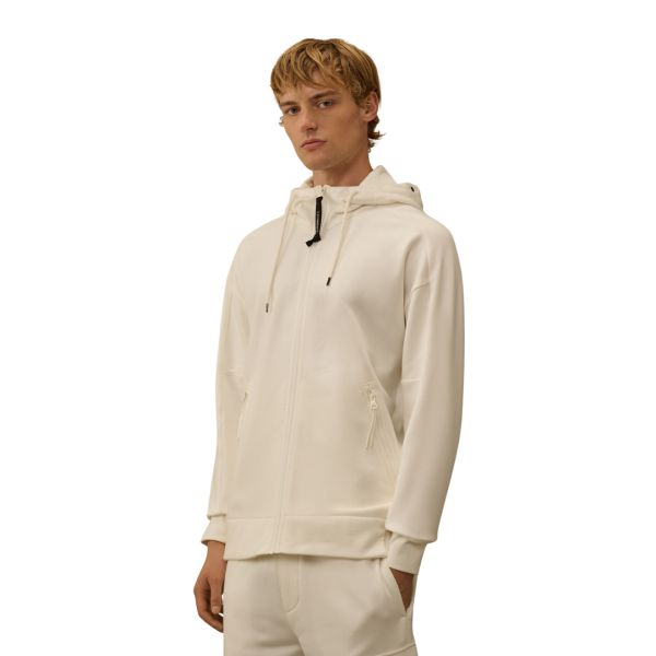 Sweat-shirt zippé à capuche CP COMPANY coton polaire relief diagonal blanc lunettes