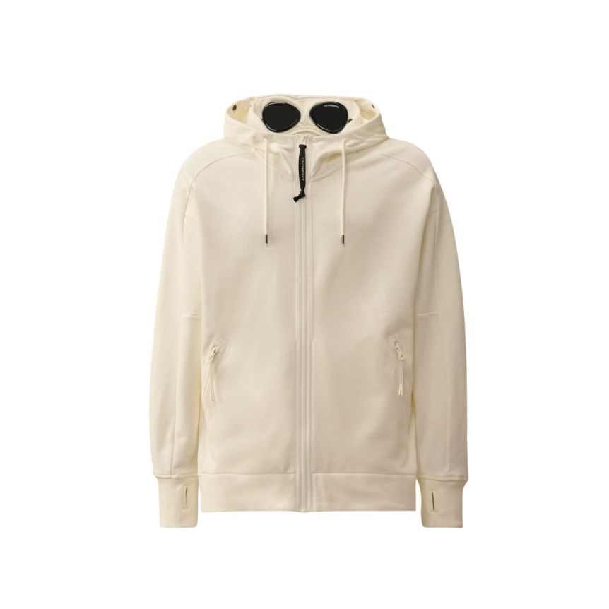 Sweat-shirt zippé à capuche CP COMPANY coton polaire relief diagonal blanc lunettes
