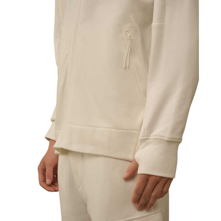 Sweat-shirt zippé à capuche CP COMPANY coton polaire relief diagonal blanc lunettes