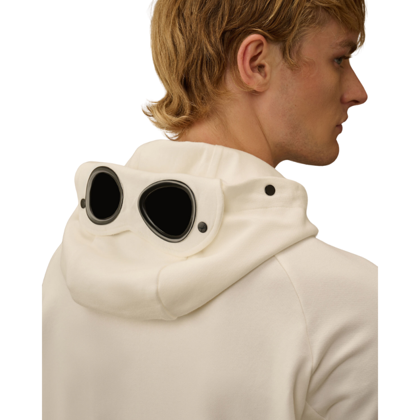 Sweat-shirt zippé à capuche CP COMPANY coton polaire relief diagonal blanc lunettes