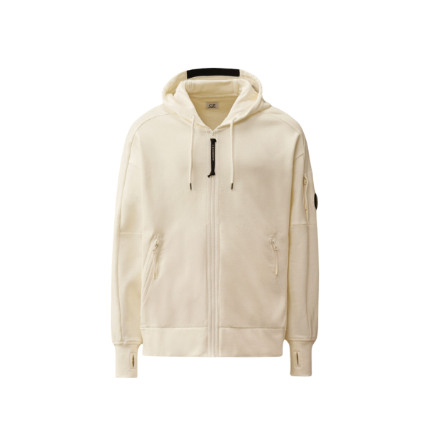 Sweat-shirt à capuche CP COMPANY zippé coton polaire relief diagonal blanc lentille