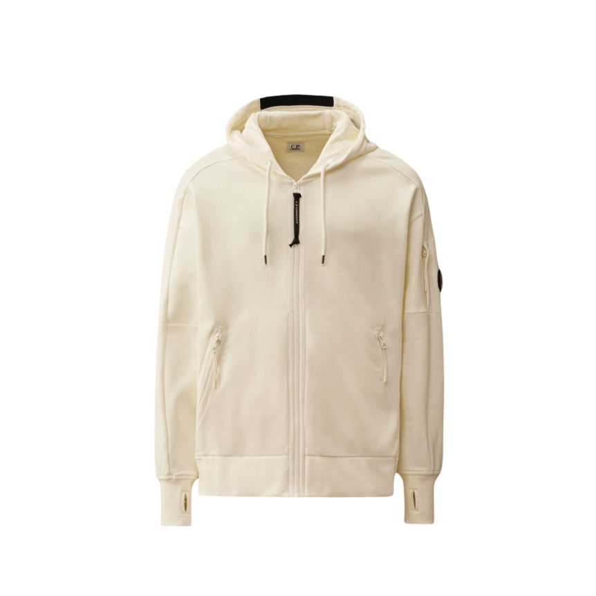Sweat-shirt à capuche CP COMPANY zippé coton polaire relief diagonal blanc lentille