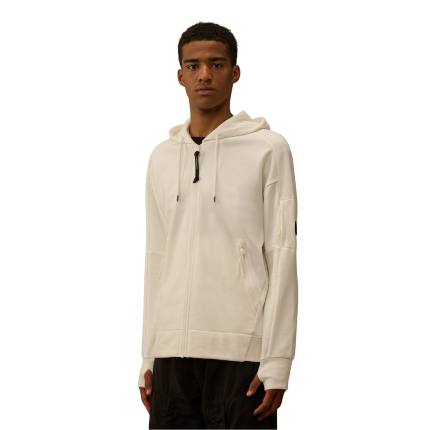 Sweat-shirt à capuche CP COMPANY zippé coton polaire relief diagonal blanc lentille