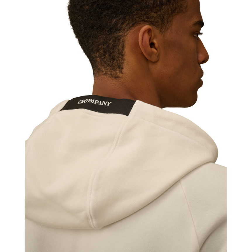 Sweat-shirt à capuche CP COMPANY zippé coton polaire relief diagonal blanc lentille