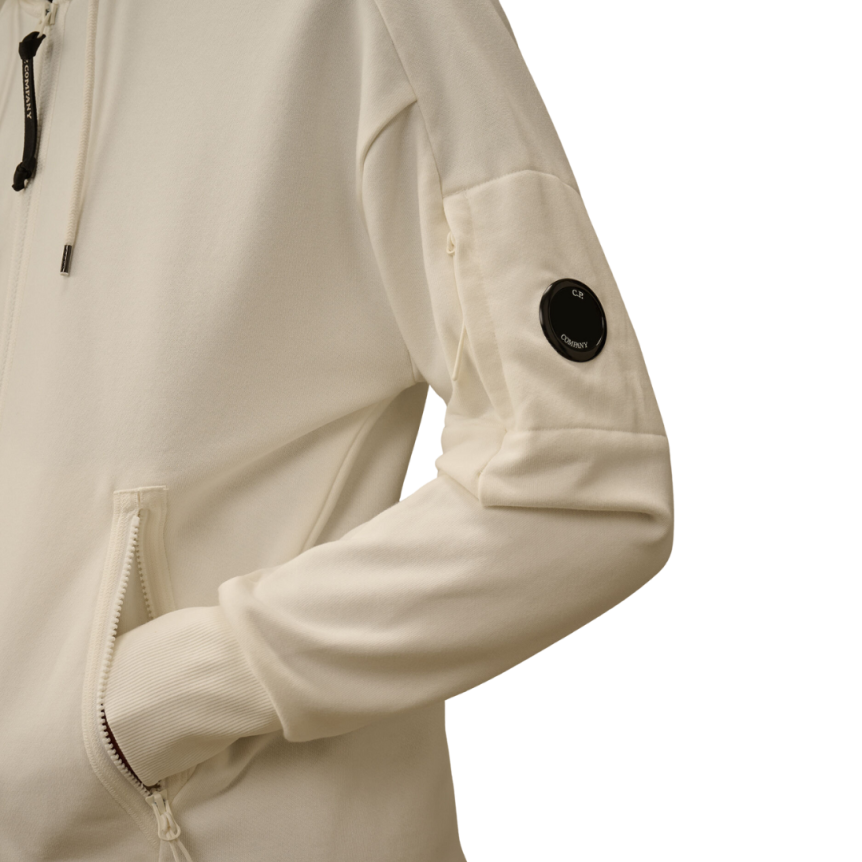 Sweat-shirt à capuche CP COMPANY zippé coton polaire relief diagonal blanc lentille