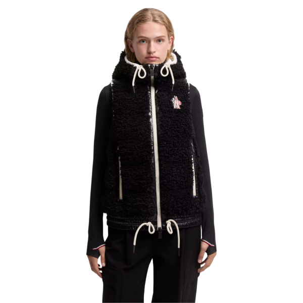 Gilet sans manche doudoune capuche bi matière polaire teddy noir Moncler Grenoble