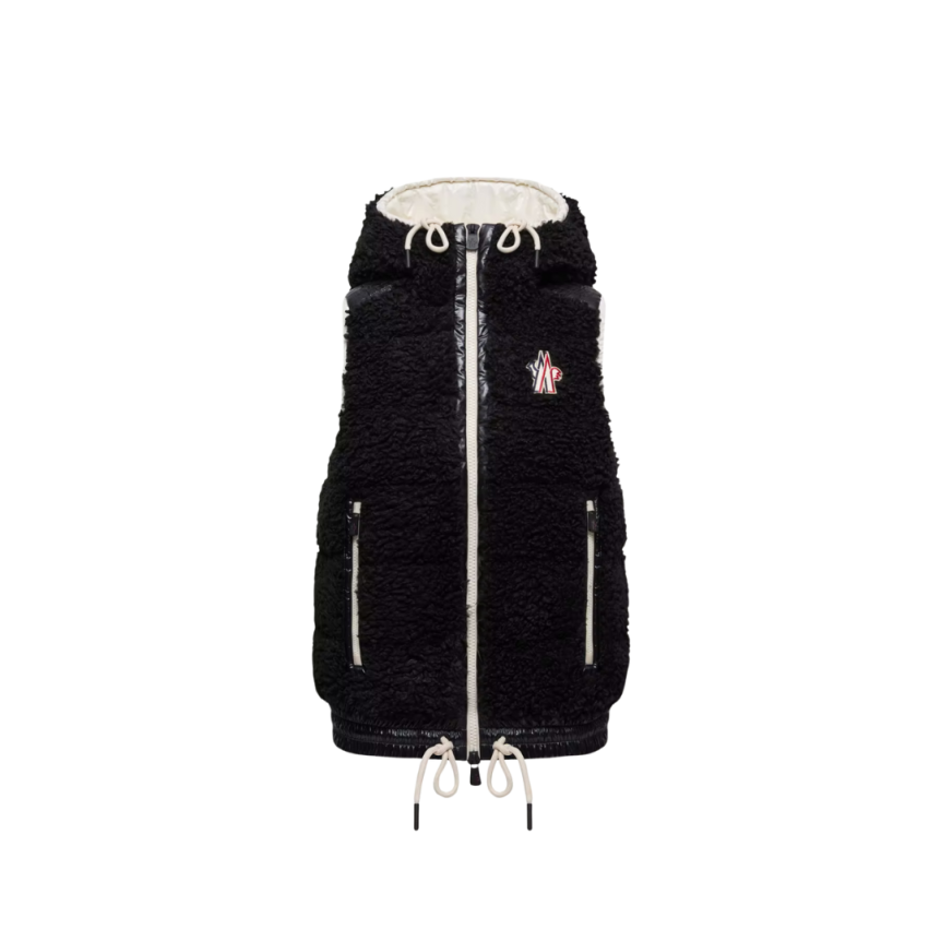 Gilet sans manche doudoune capuche bi matière polaire teddy noir Moncler Grenoble
