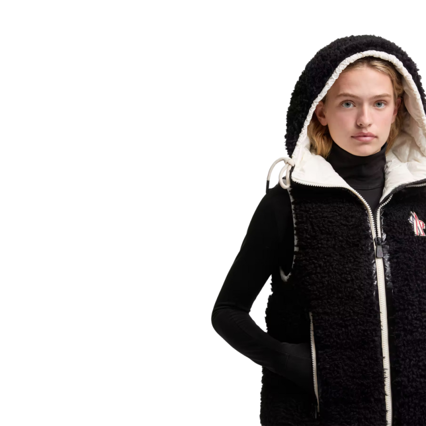 Gilet sans manche doudoune capuche bi matière polaire teddy noir Moncler Grenoble